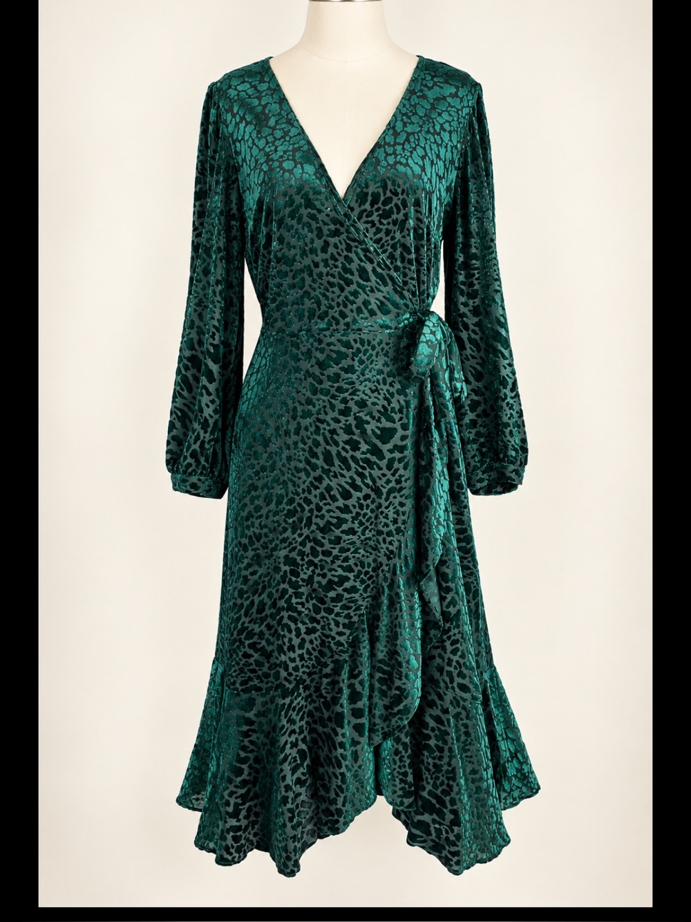 Calvin Klein Sz 10 Emerald Green Burnout Velvet Leopard Wrap Midi Dress